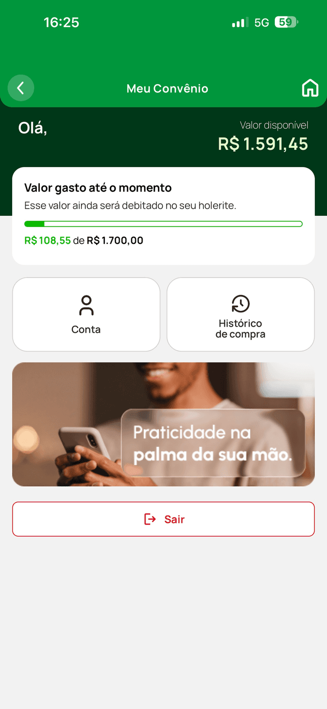 Tela Meu Convênio: valor disponível, valor gasto no mês, conta e histórico de compra