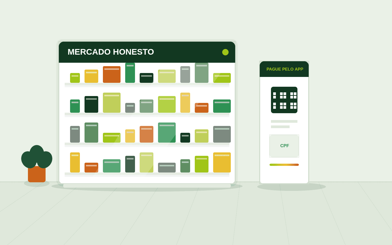 Ilustração da estação Mercado Honesto: prateleira com produtos e celular pagando via CPF pelo app